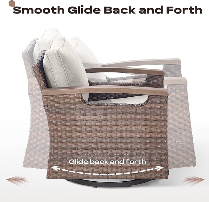Rilyson Outdoor Patio Swivel Rocking Chairs Set of 2, All Weather Wicker, Metal Armrest, Deep Seating, Thick Comfortable Cushions, Ideal for Deck Porch Backyard, Brown/Beige