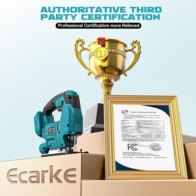 Ecarke Cordless Jig Saw Compatible With Makita 18V Battery, Brushless, 7 Speeds Dial Control, 4 Orbital Sets, Dust-Blowing, ±45° Bevel Cuts, LED Light and 6PCS Blades For Cutting (Without Battery)