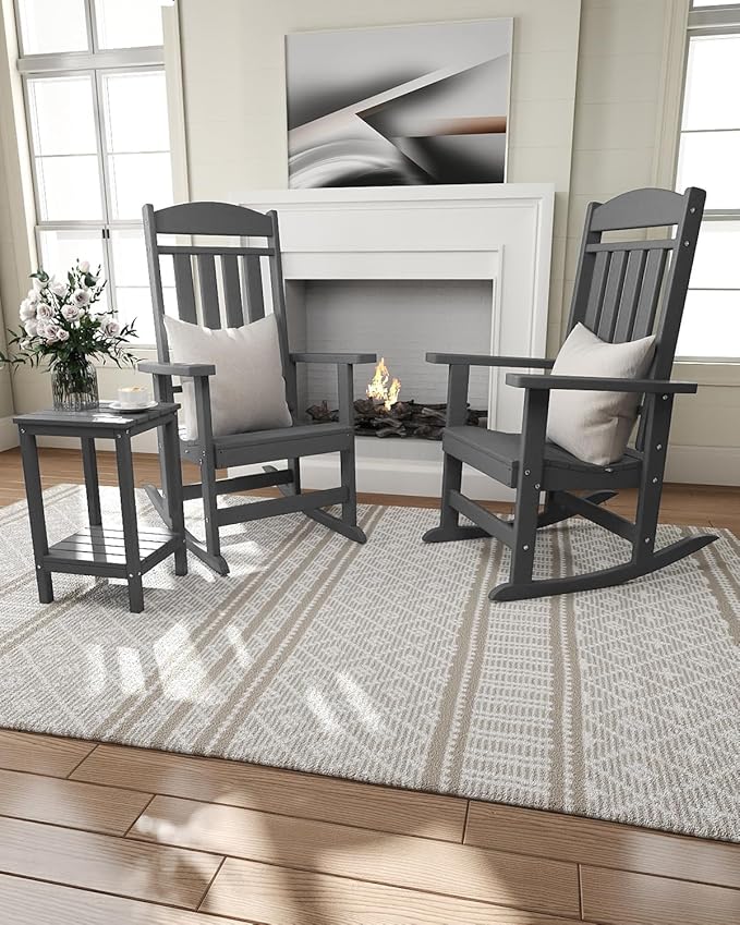 Outdoor Rocking Chairs Set of 4, Oversized High Back Patio Rocking Chairs, All Weather Porch Rocking Chairs for Outside. Dark Grey