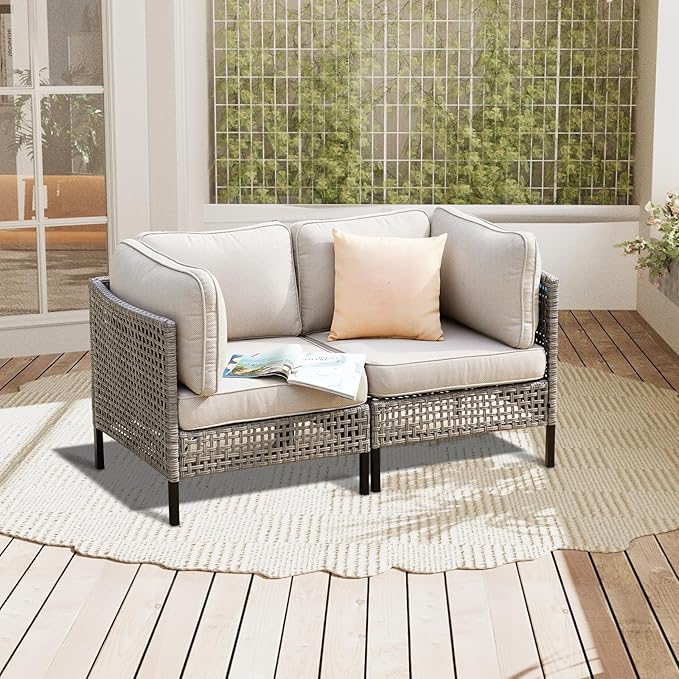 2-Piece Outdoor Armless Patio Sofa Set, Modular Gray PE Wicker Rattan Sectional with Cushions, All-Weather Conversation Seating for Balcony, Deck, Porch, Backyard