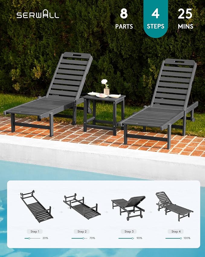 SERWALL Patio Lounge Chairs Set of 2, HDPE Outdoor Chaise Lounge with Cup Holder, 5 Positions Adjustable Pool Lounge Chair with Rolling Wheels for Poolside, Deck, Sunbathing, Grey
