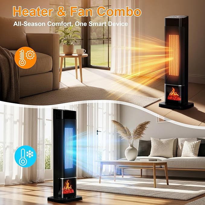 YEW Space Heater for Indoor Use, 1500W Portable Electric Heater with Thermostat, 120° Oscillation, 24H Timer, Remote Control, Ceramic Tower Heater Fan for Large Room, Bedroom, Office, Garage, 25"