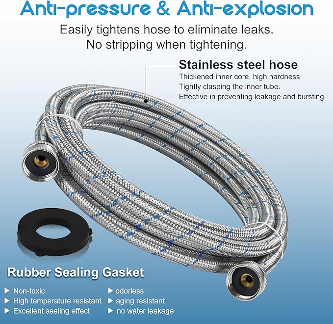 15FT Long Stainless Steel Washing Machine Hoses for Hot and Cold Water Supply Hoses with 3/4'' Standard NPT Connections Burst-proof No-leak Washing Machine Hoses 2 Pack by Fetechmate