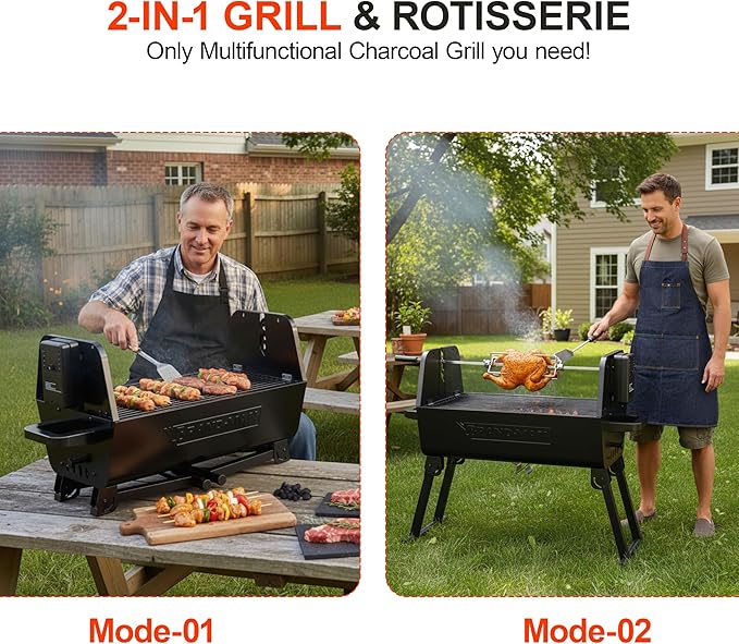 Brand‑Man 2‑in‑1 Charcoal BBQ Grill with Motorized Rotisserie – Portable, Foldable Grill, 257 sq in Outdoor BBQ Grill for Camping & Tailgate, Adjustable Height, Dual Vents
