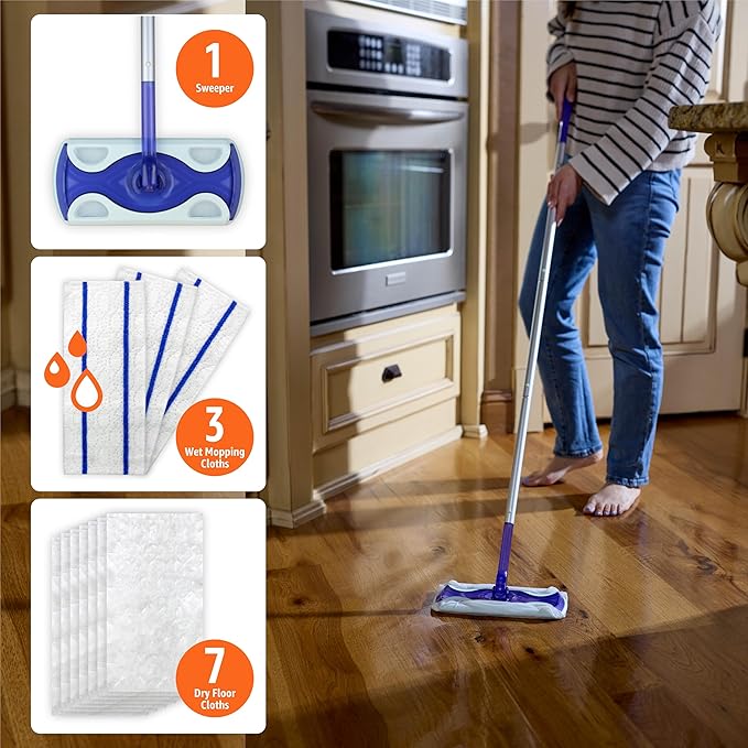 Amazon Basics Wet & Dry Sweeper Kit (1 Sweeper Handle, 7 Heavy Duty Dry Cloths, 3 Wet Floor Cloths) Pack of 1