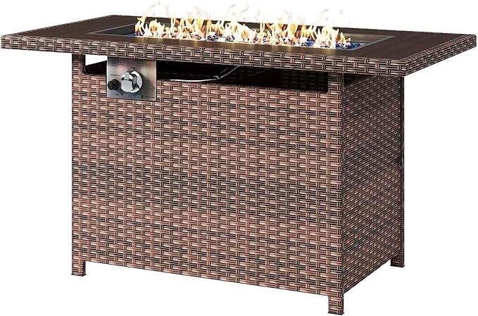 Aoxun 44" Propane Fire Pit 50,000 BTU Outdoor Wicker Fire Table with Wood-grainTabletop Patio Rectangular 2-in-1 Gas Fire Pit Table with Firepit Lid and Waterproof Cover
