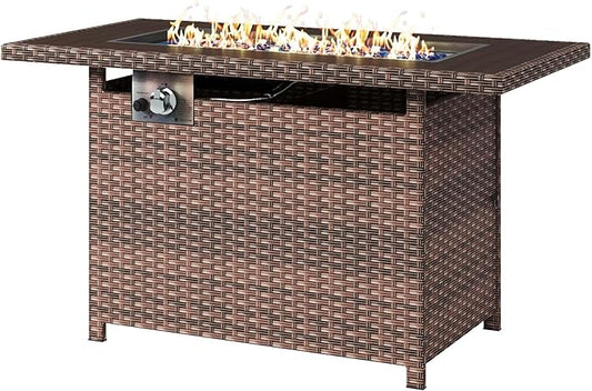 Aoxun 44" Propane Fire Pit 50,000 BTU Outdoor Wicker Fire Table with Wood-grainTabletop Patio Rectangular 2-in-1 Gas Fire Pit Table with Firepit Lid and Waterproof Cover