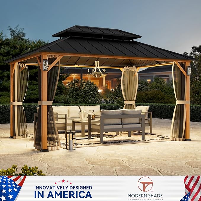 Modern Shade The Horizon Hardtop Gazebo 10' x 14' with 4 LED Lights, Permanent Outdoor Gazebo with Galvanized Steel Double Roof, Grill Pavilion with Decor Hooks, Mosquito Nettings, Wood Grain