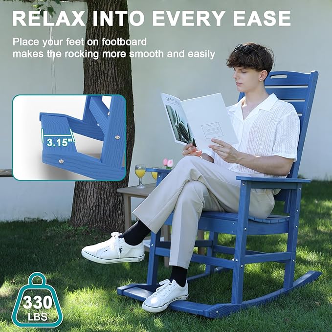 Outdoor Rocking Chair Set of 6 with Removable Footboard for Adults, HDPE High Back Patio Rocking Chairs, 330lbs All Weather Porch Rocking Chairs for Outdoor & Indoor -Navy Blue