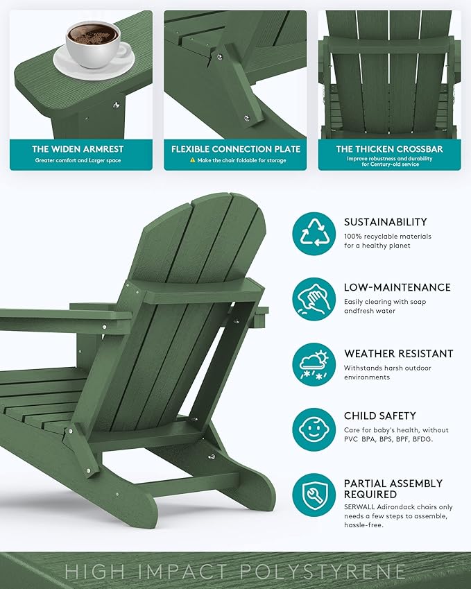SERWALL Adirondack Chair Set of 6 for Patio Garden Outdoors Fire Pit- Army