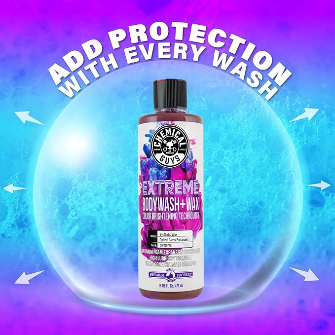 Chemical Guys Extreme Bodywash & Wax Foaming Car Wash Soap, (Works with Foam Cannons/Guns or Bucket Washes) for Trucks, Motorcycles, RVs & More, 32 fl oz, Grape Scent