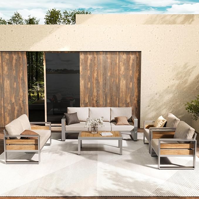 ZANDOR Aluminum Outdoor Patio Conversation Furniture Set, 5 PCS Metal Modern Outside Sectional Lawn Furniture with Coffee Table & Washable Thick Cushions,Seating Sofa for Garden/Backyard/Porch Silver