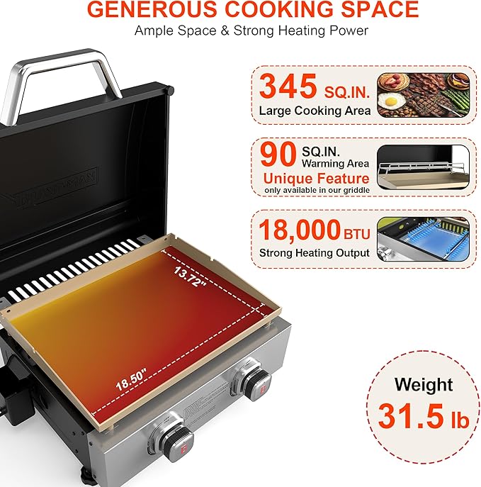Brand-Man 2 Burner Portable Propane Griddle with Hood, 18,000 BTU Tabletop Flat Top Gas Grill with Warming Rack & Regulator for Outdoor Cooking, Camping BBQ, Tailgating Picnicking