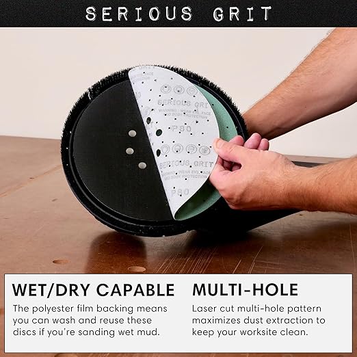 Serious Grit - 225mm 9-Hole Drywall Sanding Discs - 80, 120, 150, 180, 220 Grit (5 Each) - Fits Festool Planex LHS 225 Sanders - Heavy-Duty Hook & Loop Film Abrasives - Dust-Free Multi-Hole - 25 Pack