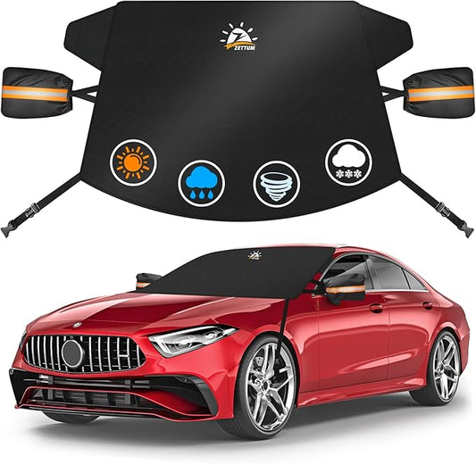 Zettum Car Windshield Cover for Ice and Snow - 600D Windshield Snow Cover with Side Mirror Cover Heavy Duty, Standard Winter Frost Hail Protector for Most Car, Truck, SUV, Van and MPV (70 x 50 Inch)