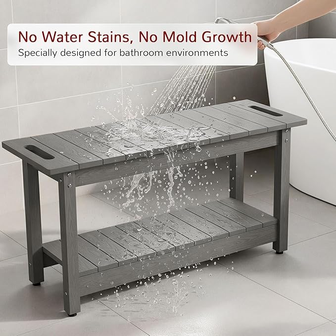 Stoog 35.5" Large Shower Bench, Waterproof Shower Stool with Storage Shelf and Handles, Adjustable and Non-Slip Feet, Shower Chair for Inside Shower, Grey