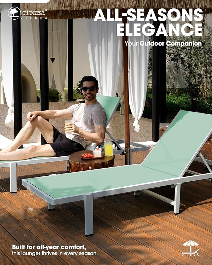 Ciokea Patio Chaise Lounge Chair Set of 2, Outdoor Lounge Chairs with Wheels, 5-Position Adjustable Sun Loungers for Pool, Deck, Beach, Light Green