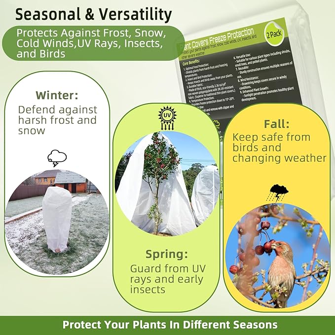 2 Pack Plant Covers Freeze Protection, 48"W x 72"H Winter Frost Blanket 2.36 oz/yd² Fabric Frost Cloth Tree Covers Shrub Jacket Bag with Zipper & Drawstring for Plants Fruit Tree Shrub Potted - White