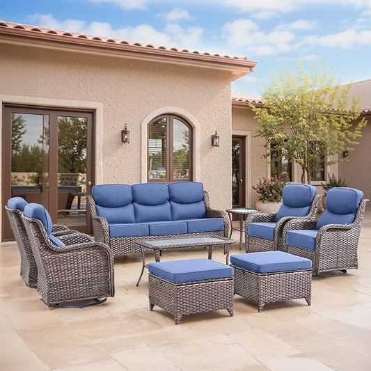 Swivel Patio Chairs sofa Set of 9 with 6" Thick Cushion - Wicker Outdoor Swivel Rocker Patio Chair ,Sofa/Glass coffee table, High Back Comfortable Outdoor Glider Chairs -Brown Wicker Blue Cushion
