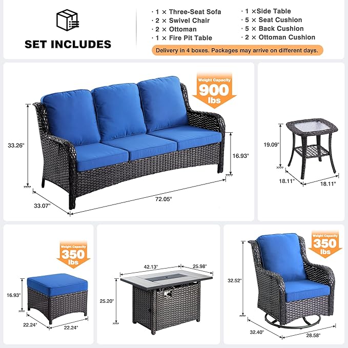 ovios 7-Pieces Patio Furniture Set with 42 Inch Fire Pit Table Swivel Chairs, Outdoor Wicker Sofa Couch Gliders Rocker, High Back Modern Conversation Set, Brown Rattan, Navy Blue