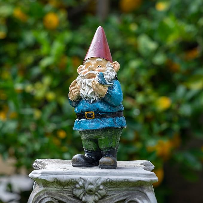 Alpine Corporation | 12"H Outdoor Garden Gnome Yard Statue with Bird Accent — Whimsical Hand-Painted Décor for Lawn, Patio & Flower Beds — Multicolor Finish