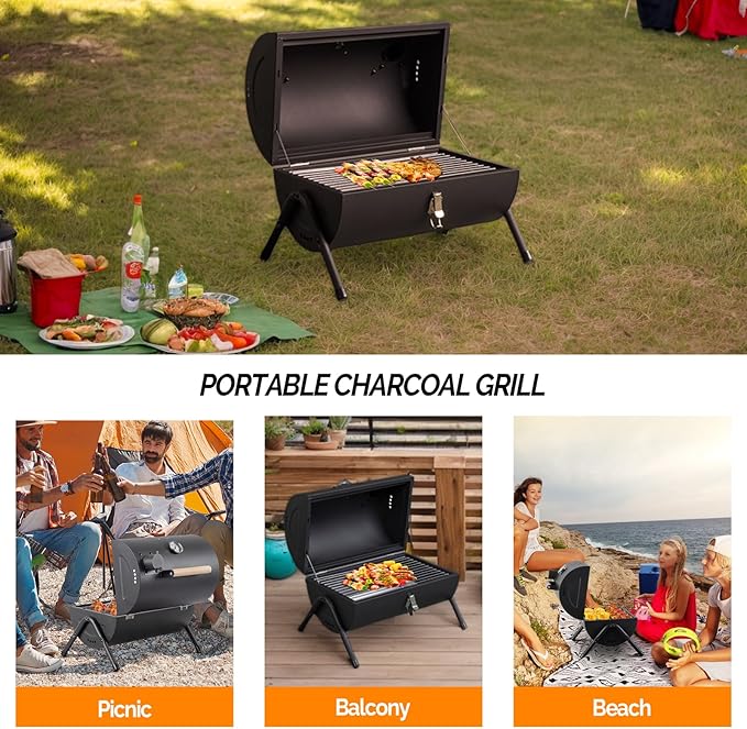 VINGLI Portable Charcoal Grill with Thermometer & Wooden Handle, Multi-functional Metal Compact Tabletop BBQ Outdoor Charcoal Grill for Camping Travel Picnic Patio