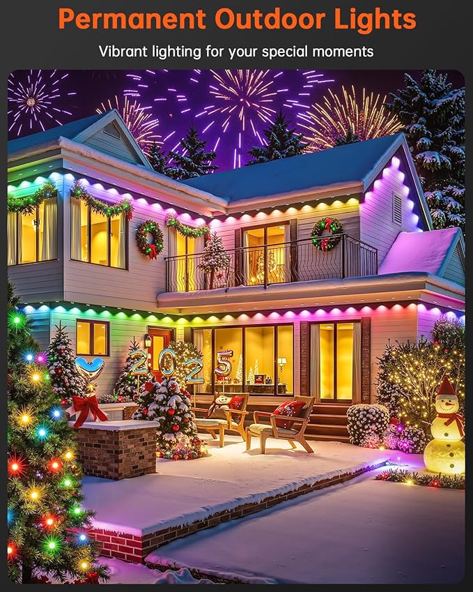 YAYZA! Permanent Outdoor Lights Pro, 200ft 144 LED 135lm Smart RGB+IC+Warm/Cool White Christmas Eave Lights, Music Sync&DIY Scenes, IP67 Waterproof for Outside Decor Works with Alexa,Google Assistant