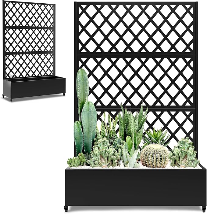 Metal Large Planter Box with Trellis for Climbing Plants Vegetables, Raised Garden Bed with Privacy Screen, 47"L×16"W×71"H Garden Boxes with Wheels & Drainage Hole (Black Diamond Lattice)