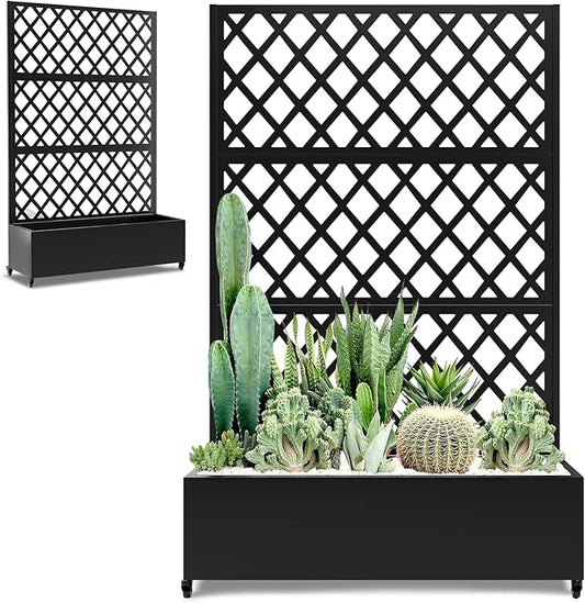 Metal Large Planter Box with Trellis for Climbing Plants Vegetables, Raised Garden Bed with Privacy Screen, 47"L×16"W×71"H Garden Boxes with Wheels & Drainage Hole (Black Diamond Lattice)