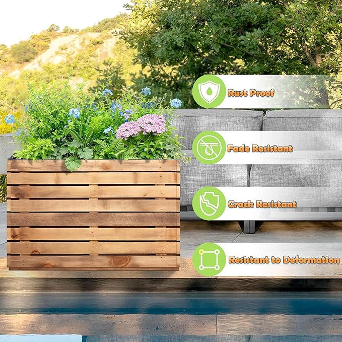 Metal Planter Box Rectangular Planter Box with Drainage Hole, Outdoor Large Planters, All-Weather Use, Rust-Resistance, for Flowers Plants, 35.4" L × 9.1" W × 25.6" H, Dark Walnut