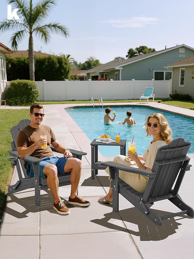 KINGYES Adjustable Folding Adirondack Chair Set of 6, 3-Position Reclining Adirondack Chairs with Cup Holder, HDPE All-Weather Oversized Adirondack for Outdoor, Patio, Backyard Deck, Fire Pit, Gray
