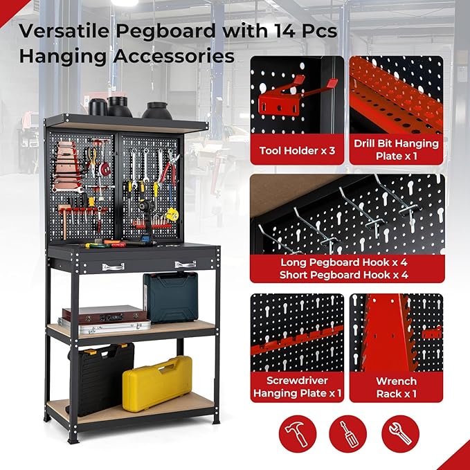Goplus Workbench, Work Table with Drawer, Pegboard, Hanging Accessories, Topping Space, 4-Tier Heavy Duty Metal Tool Storage Bench, Work Benches for Garage, Workshop (Red, 32" x 16" with Drawer)