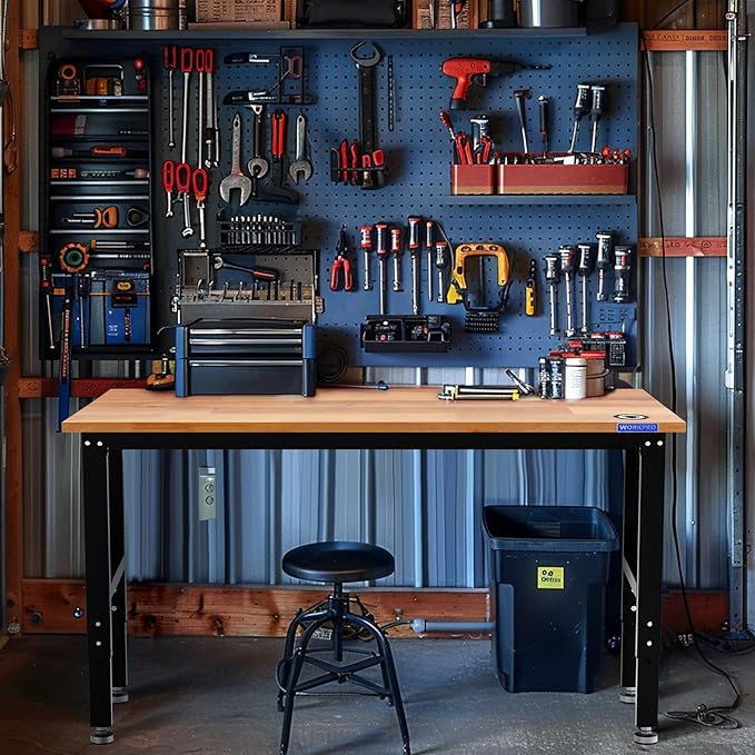 WORKPRO Adjustable Garage Workbench, 60x24 Rubber Wood Top Heavy-Duty Work Desk with Power Outlets, Leveling Foot, 5 Heights, 1500 LBS Load Capacity Work Benches for Garage, Workshop