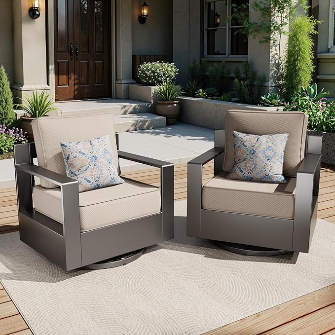 Aluminum Outdoor Swivel Rocker Chairs Set of 2 - All Weather Use Porch Furniture, 2 Pieces 360 Degree Swivel Glider Patio Chairs with 6" Water-Resistant Cushion & Chair Covers (Beige)