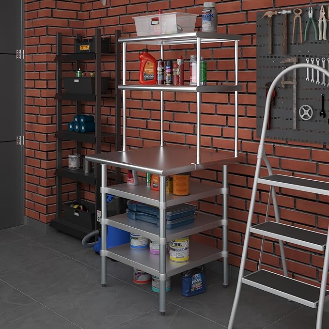 Amgood 30" x 30" Stainless Steel Work Table with 3 Shelves and 18" Wide Double Tier Overshelf | Metal Kitchen Prep Table & Shelving Combo | NSF