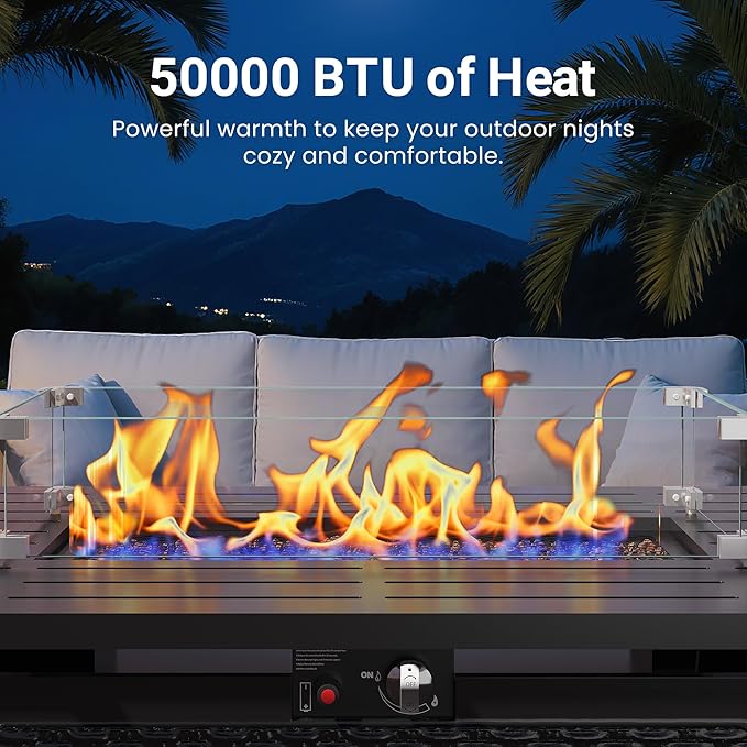 Black Propane Fire Pit Table, 50000 BTU Gas Fire Pits Table with Removable Lid and Lava Rock, Rectangular Fire Table with Cover, Ideal for Dining or Party on Patio, 43'', Garden, Yard