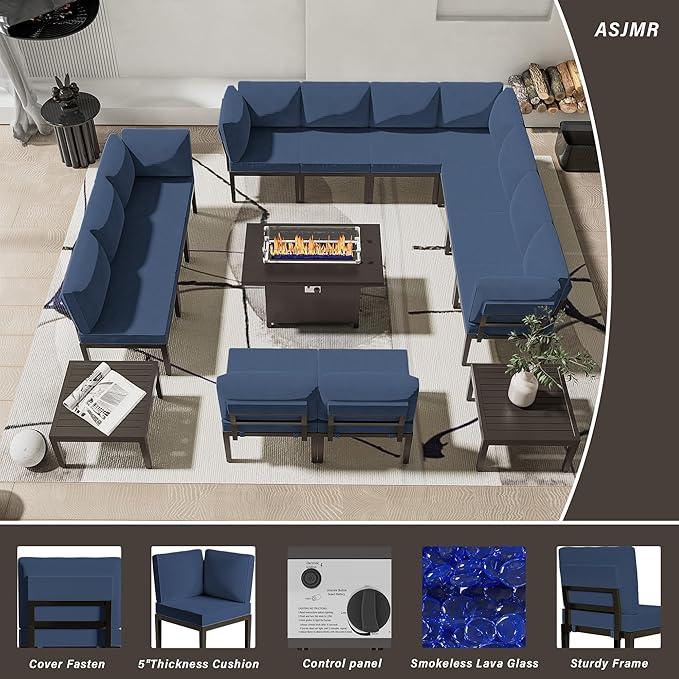 Patio Furniture Set,15 Pieces Modern Outdoor Conversation Set w/43in Gas Fire Pit Table, Outdoor Metal Sectional Sofa with 55000 BTU Propane Fire Pit