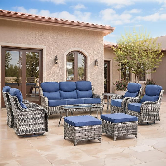 Swivel Patio Chairs sofa Set of 9 with 6" Thick Cushion - Wicker Outdoor Swivel Rocker Patio Chair ,Sofa/Glass coffee table, High Back Comfortable Outdoor Glider Chairs - Gery Wicker | Blue Cushions