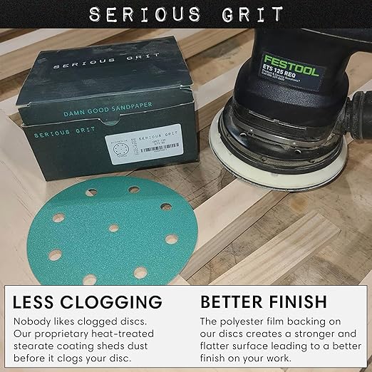 Serious Grit - 5-Inch 9-Hole 320 Grit Sanding Discs - Heavy-Duty Hook & Loop Film Discs - Sandpaper for Random Orbital Sanders - 50 Pack Box