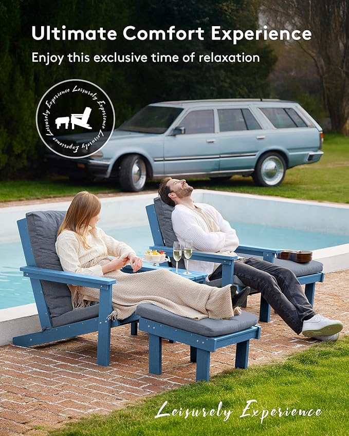 SERWALL Adirondack Chair with Cushion and Ottoman -All Weather HDPE Outdoor Adirondack Chair Set, Durable Adirondack Patio Chairs for Garden, Deck, or Poolside- Blue
