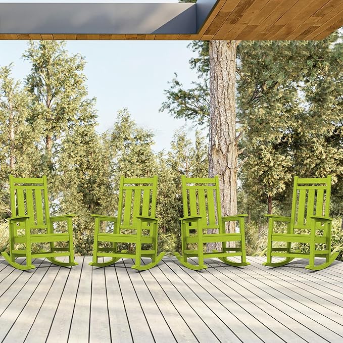 KINGYES Outdoor Rocking Chair, All-Weather Patio Rocking Chairs for Porch, HDPE Rocking Outdoor Chairs with High Back for Adult, Heavy Duty Outdoor Patio Rockers for Garden, Lawn, Apple Green
