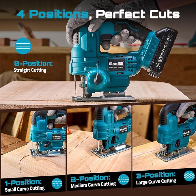SEESII Cordless Jig Saw 21V, Electric Jigsaw Tool with 2× 2.0Ah Batteries, 2800RPM Variable Speed for Wood Cutting, 0°-45° Bevel Cuts, LED Light, 4 Orbital Settings for Straight/Curve/Circle Cutting