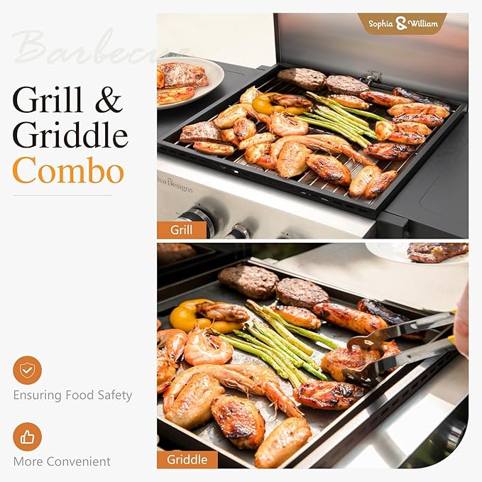 Sophia & William 2-Burner Gas BBQ Grill With Flat Top, Small Outdoor Propane Barbecue Grill with Side Shelves,Lid and Hose & Regulator for Camping, 20,000 BTU,Black