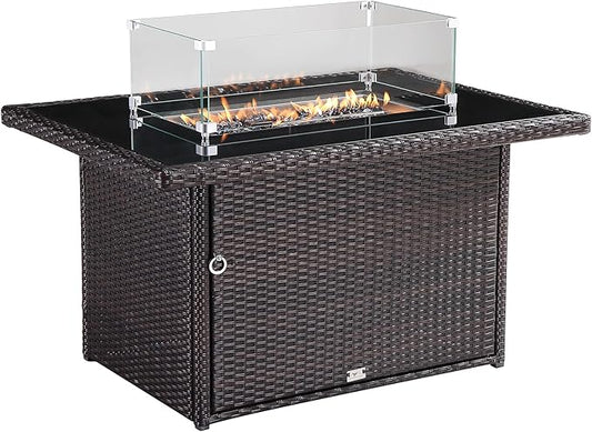 44 in. x 32 in. Rectangular Outdoor Brown Wicker Aluminum Propane Fire Pit Table in Tempered Glass w/Fire Glass, Add Warmth and Ambience to Gatherings and Parties On Patio Deck Garden