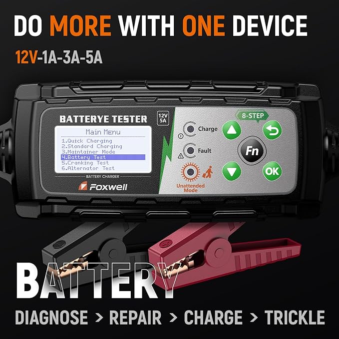 5A 12V Battery Charger, Tester & Analyzer, Trickle Charger & Desulfator, FOXWELL BC521 4-in-1 Smart Maintainer with Cranking & Alternator Test, 8-Stage Charging, Pulse Repair for Car, RV, Motorcycle