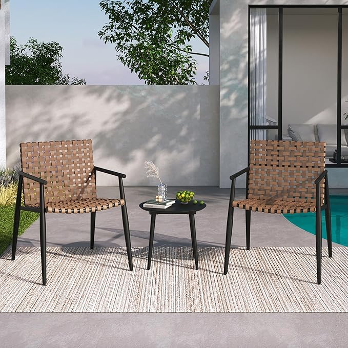 Outdoor 3 Pieces Bistro Set, Leather-Look Wicker Patio Chair Set with Aluminum Frame for All-Weather Porch Backyard Balcony Chairs and Table