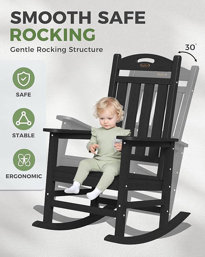 Oversized Outdoor Rocking Chair Set of 4, High Back Porch Rocker Chair, HDPE All Weather Resistant Rocking Chairs for Patio, 384lbs Weight Capacity, Black