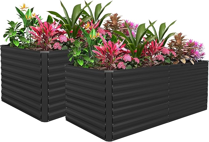 FOOWIN 2pcs 8x4x3ft Galvanized Raised Garden Bed, Planter Raised Garden Boxes Outdoor, Large Metal Raised Beds for Gardening, Garden Bed for Vegetables, Flowers, Herb, Black