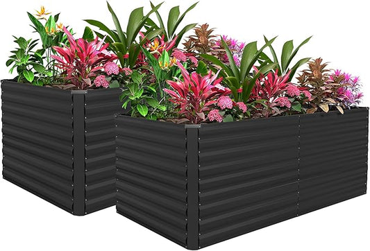 FOOWIN 2pcs 8x4x3ft Galvanized Raised Garden Bed, Planter Raised Garden Boxes Outdoor, Large Metal Raised Beds for Gardening, Garden Bed for Vegetables, Flowers, Herb, Black