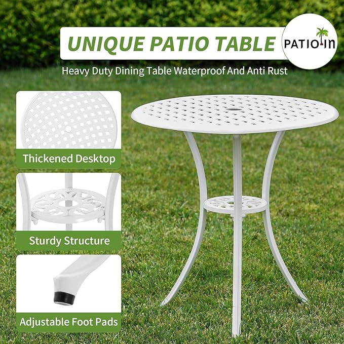 Bistro Set 3 Piece Outdoor Patio Bistro Set with Umbrella Hole, Rust Resistant White Bistro Table and Chairs Set of 2 Cast Aluminum Furniture for Porch Garden White